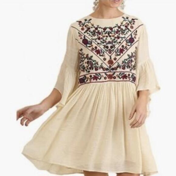 Umgee Dress Womens 1XL Cream Boho Embroidered Floral Babydoll Tunic Flowy Casual - Picture 1 of 5